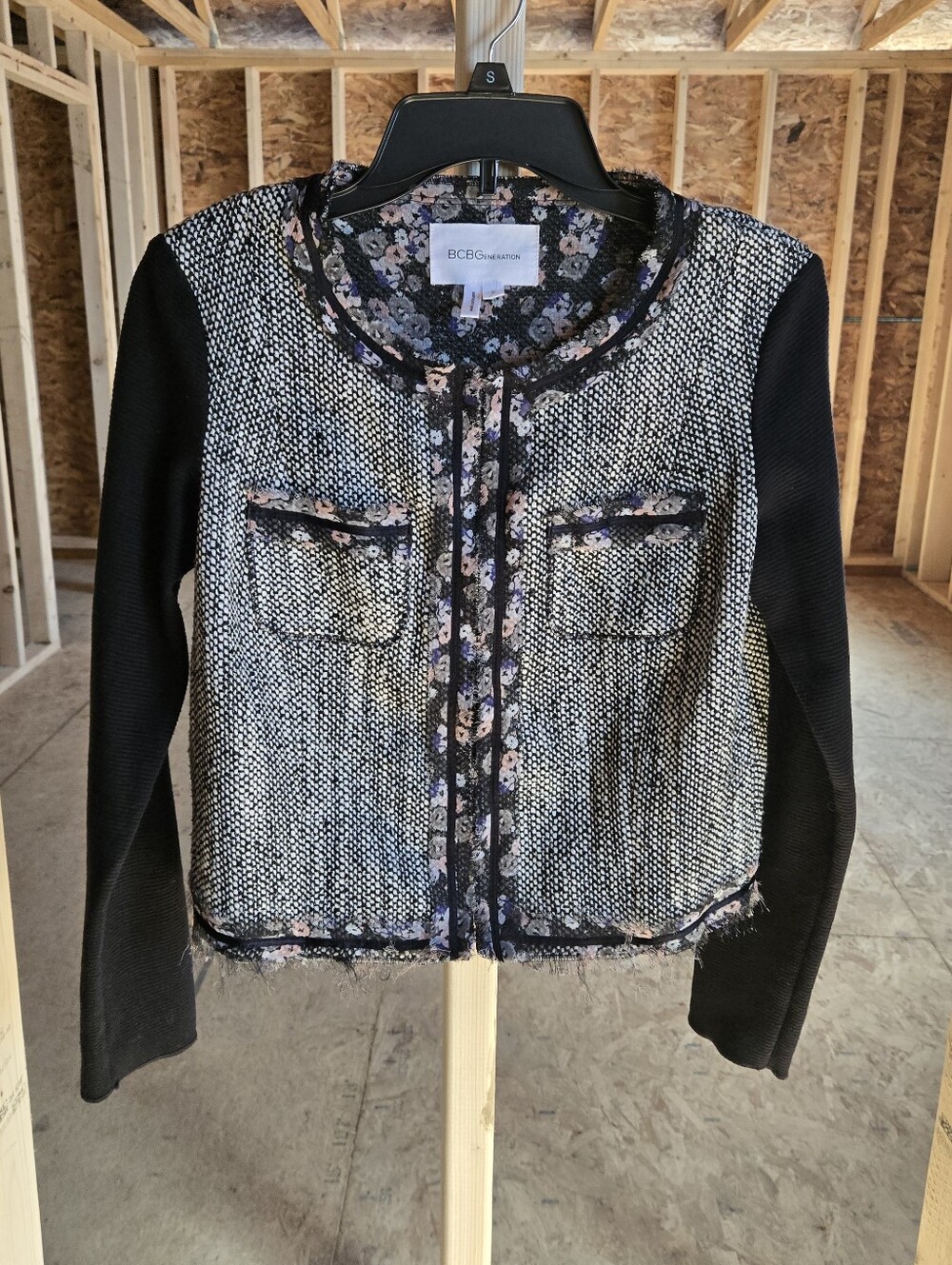 BCBGeneration Black & White Tweed Floral-Trim Cropped Jacket